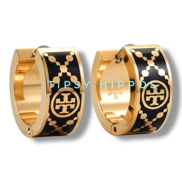 ✺ Tory Burch Black and Gold T-Monogram Huggie Earrings ✺✺ - Picture 1 of 5